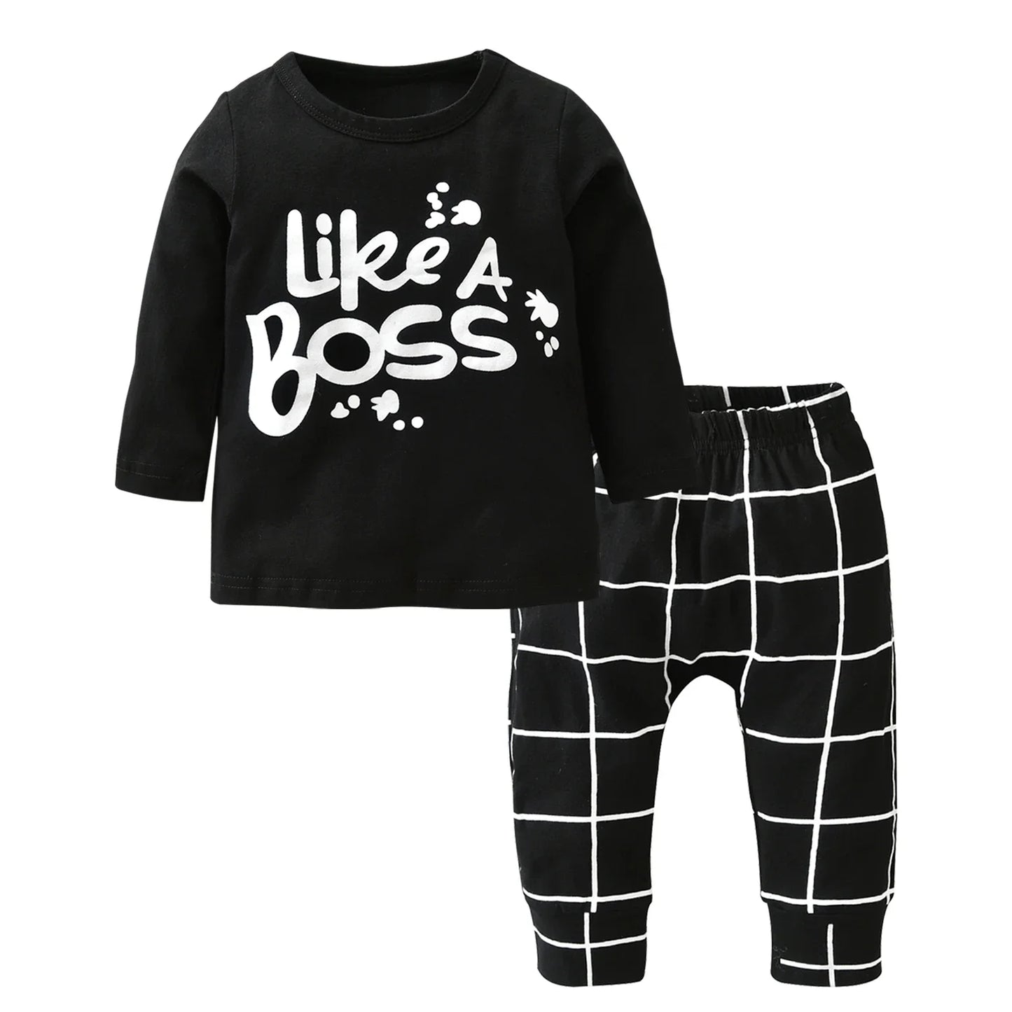 New Spring Autumn Toddler Baby Boy Outfit Clothes Set Fashion Letters Printed T-shirt Top and Plaid Pants 2pcs Newborn Clothing 201