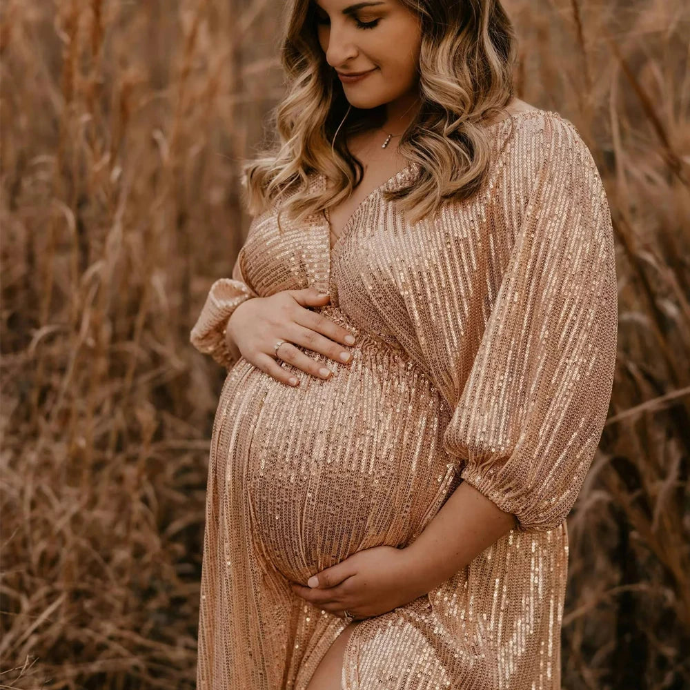 Elegant Vintage Sequin V-neck Dress for Maternity Photography Props