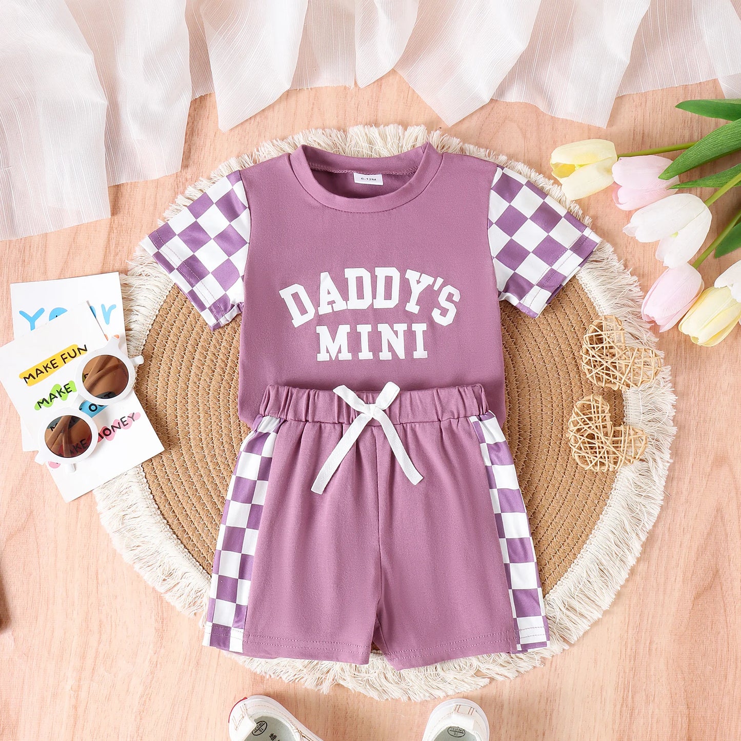 2PCS Summer 0-4 Years Old Cute Fashion Trend Baby Girls Universal Comfortable Soft Daddys Mini Letter Multicolor Plaid Set PURPLE