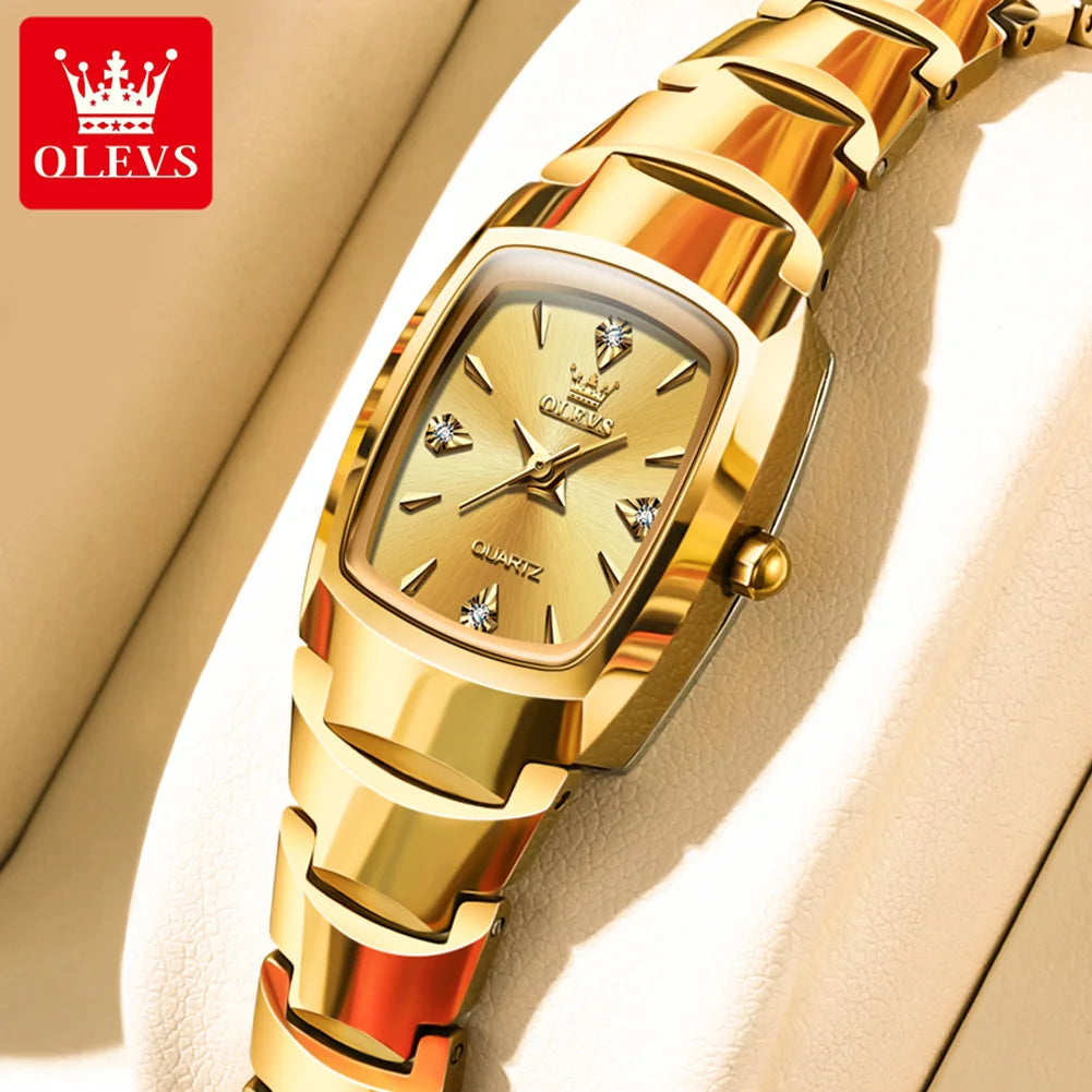 OLEVS Tonneau Tungsten Steel Women's Watch | Luxury Gold Quartz Watch, Waterproof, Luminous Hands