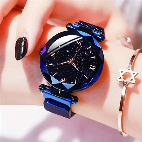 Women's Fashion Starry Sky Watch | Diamond Quartz Dress Watch with Magnet Buckle Mesh Belt Blue