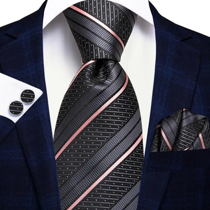 Black Red Striped Silk Wedding Tie For Men Handky Cufflink Gift Men Necktie Fashion Business Party Dropshiping Hi-Tie Designer 3417