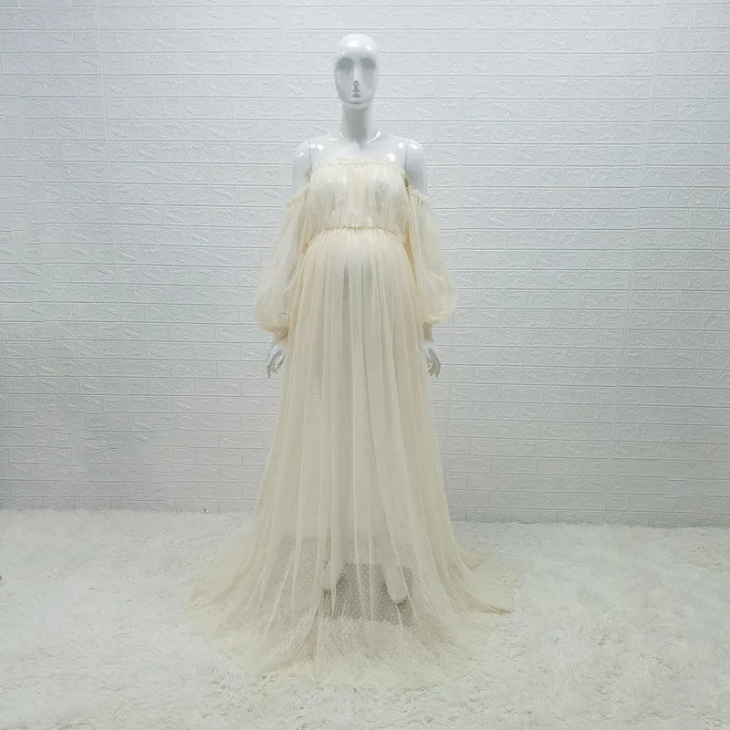 White Dot Tulle Maternity Dress See-Through Photo Shoot Long Lantern Sleeve beige