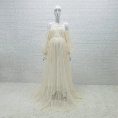 White Dot Tulle Maternity Dress See-Through Photo Shoot Long Lantern Sleeve beige