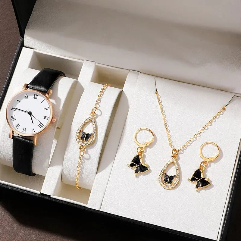 5PCS Luxury Rhinestone Women Watch Set | Elegant Quartz Wristwatch with Earrings, Necklace, and Bracelet | Perfect Gift for Women black