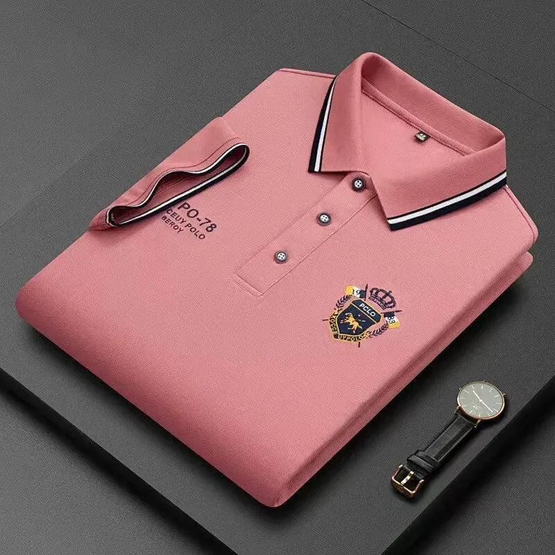 Men's Summer New Fashion Breathable Embroidery Solid Colour Lapel Short-Sleeved Polo Shirt Light Luxury Business High-End Tops Pink