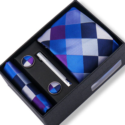 100% Silk Ties Gift Box Set – Designer Jacquard Necktie, Hanky, Cufflink, and Tie Clip for Men B27