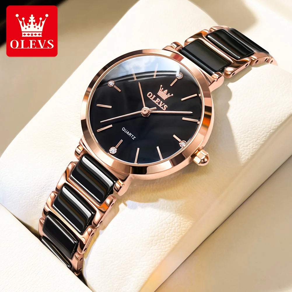 OLEVS Rose Gold Square Women's Watch | Luxury Quartz Wrist Watch, Ceramic Band, Water Resistant