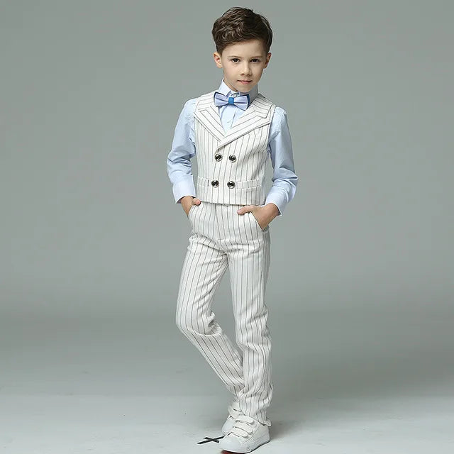 Boys' Formal Suit for Weddings: White Party Blazer, Pants, Baptism Outfit, and Teen Prom Tuxedo Set. shirt vest pants bow