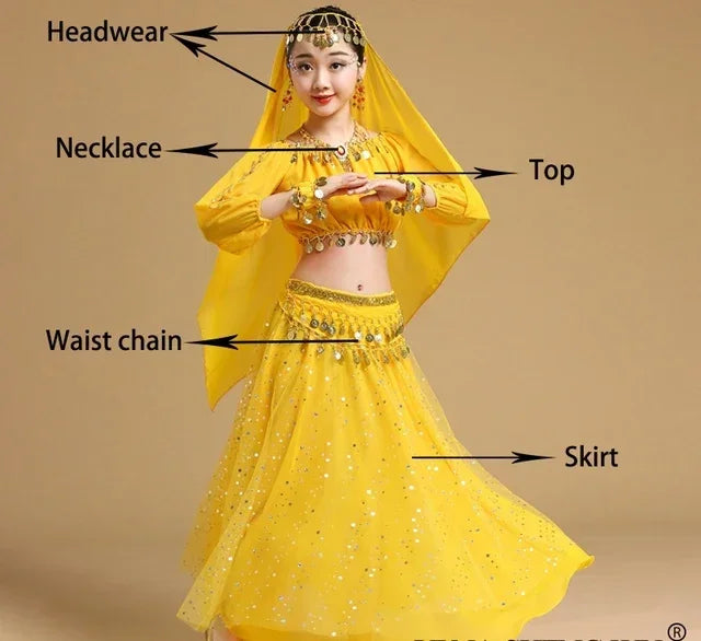 Girls' Indian Belly Dance Costume Set | Bollywood Sari Outfit for Children Yellow 5pcs