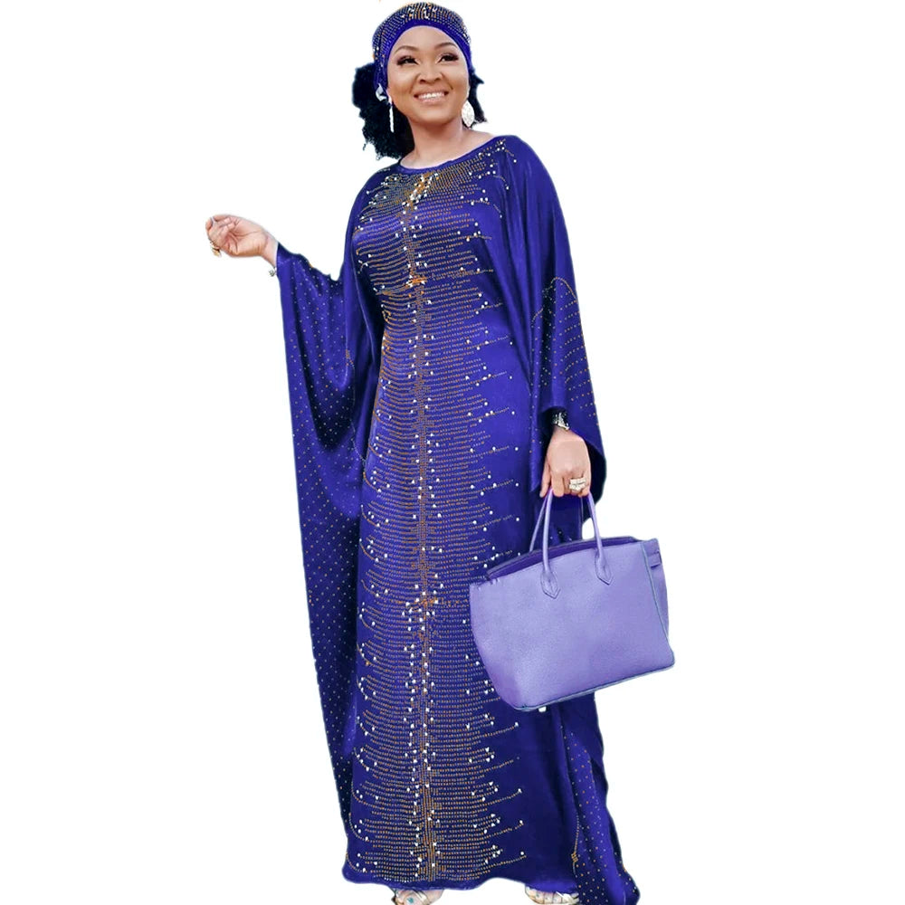 African Dresses for Women Muslim Fashion Abayas Boubou Dashiki Traditional Africa Clothes Ankara Outfit Evening Gown and Headtie Navy Blue One Size