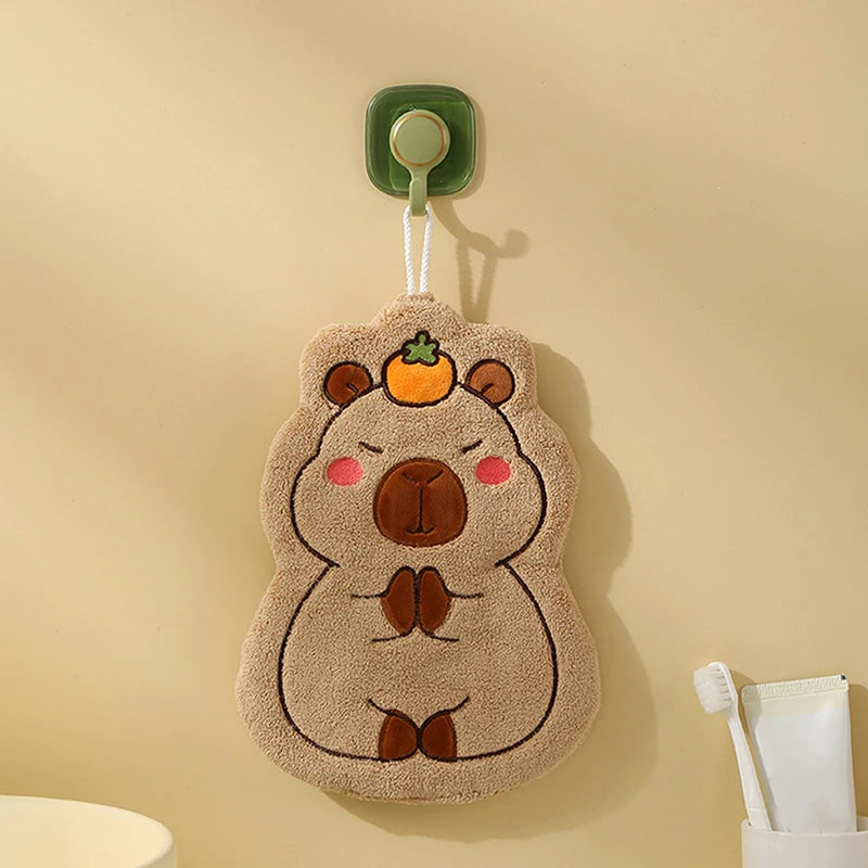 Cute Capybara Cartoon Hand Towel – Quick-Drying Coral Fleece Hanging Towel for Kitchen & Bathroom, Soft Face Washcloth Persimmon