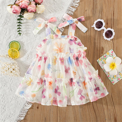 Summer Girls' Dress Strap Chiffon Cool Beach Skirt Beautiful Fragmented Flower Ladies Fashion Bow Sleeveless Skirt