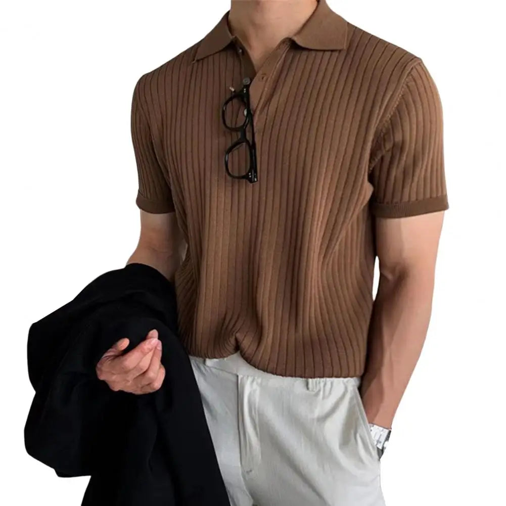 Lapel Short Sleeve Buttons Half Placket Loose Men Summer T-shirt Knitting Ribbed Shirt Top Streetwear Coffee