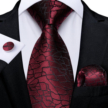 Luxury Red Plaid Silk Tie Set for Men | Business & Wedding Accessories with Handkerchief & Cufflinks | DiBanGu Designer Collection N-7473