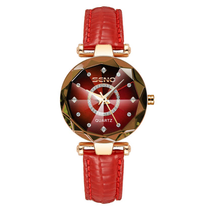 SENO Ocean Star Women Crystal Watch 2024 Top Brand Luxury Rose Gold Women Bracelet Watch for Ladies Wrist Watch Relogio Feminino leather red