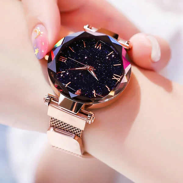 Women's Fashion Starry Sky Watch | Diamond Quartz Dress Watch with Magnet Buckle Mesh Belt Rose Gold