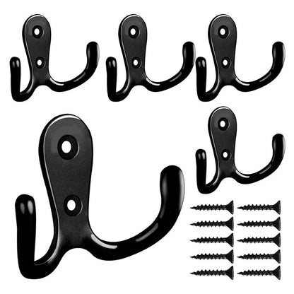 Double Prong Robe Hook with Screws, Dual Coat Hooks Wall Mounted Hanging Clothes for Bathroom Bedroom Door Wall (Black) Default Title