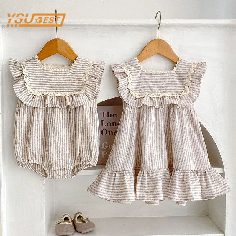 Newborn Toddler Baby Girls Stripe Jumpsuit Summer Sweet Fashion Baby Girls Sleeveless Kids Princess Dress Girls Sister Clothes