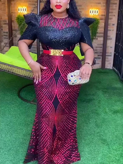 Plus Size African Party Dresses for Women Dashiki Ankara Sequin Wedding Evening Gown Sexy Bodycon Maxi Robe Africa Clothing 2024 Red