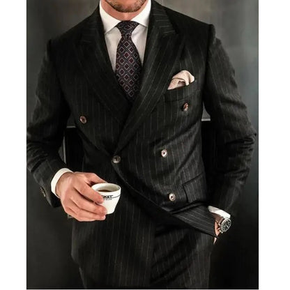 Slim Fit Striped Men's Suit 2-Piece Blazer & Pants for Wedding Groom Black