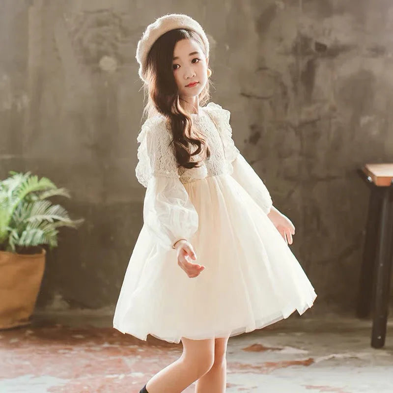 Kids' Lantern Sleeve Lace Princess Dress | Pearl Sweet Mesh Party Dress for Girls