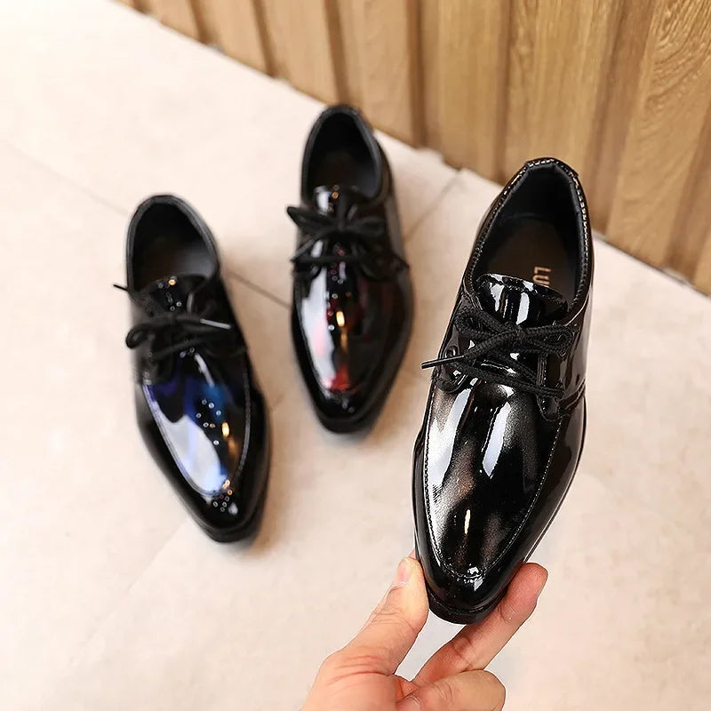 Kids Pointed Toe Leather Shoes for Boys - Britain Style Low-Heeled Lace-Up Fashion Shoes for Party, Wedding, and Performance