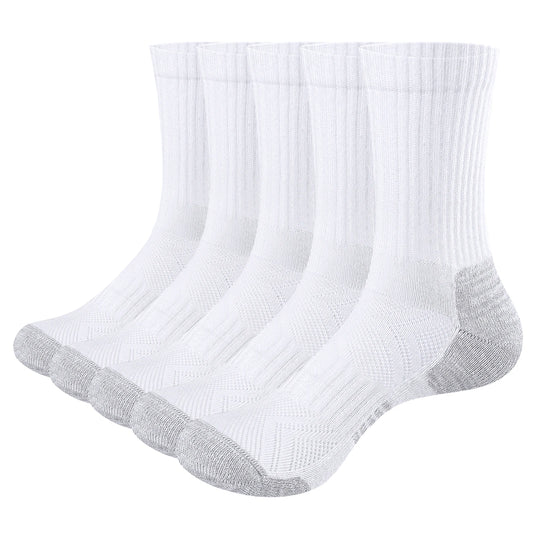 YUEDGE Women's Socks Moisture Wicking Breathable Cotton Cushioned Crew Socks Casual Athletic Sports Socks for Women Size 34-44 5 Pairs White