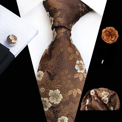 Floral Pink Silk Tie Set for Men – Wedding & Party Neck Tie with Handkerchief, Brooch, and Cufflinks TZ-MF09-1