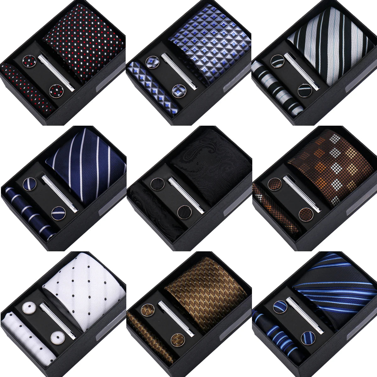 100% Silk Ties Gift Box Set – Designer Jacquard Necktie, Hanky, Cufflink, and Tie Clip for Men