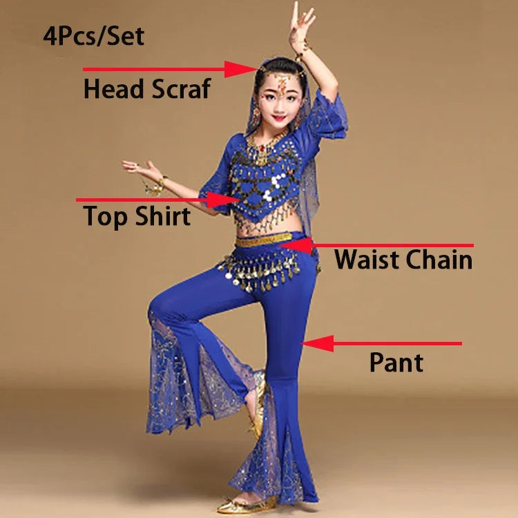 Girls' Oriental Indian Belly Dance Costume | Flared Trousers & Top Set for Performances Blue