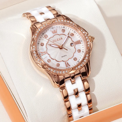 OLEVS Women's Ceramic Strap Watch | Elegant Rose Gold Luxury Quartz Wristwatch | Waterproof, Luminous Hands, Auto Date Rose White