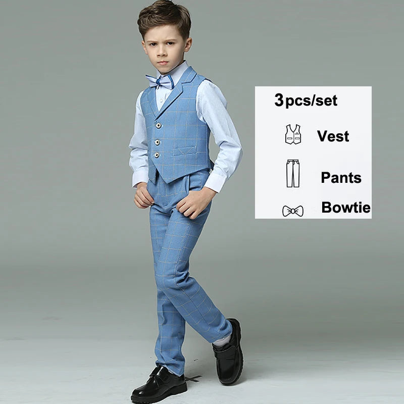 Children's Classic Plaid Formal Suit Set - Boys' Gentleman Catwalk Birthday Host & Piano Performance Outfit vest pants