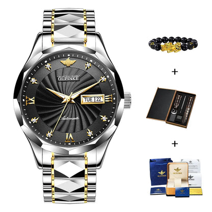 OUPINKE Men's Automatic Watch, Steel Strap, Waterproof, Dual Calendar, Business Watch gold black United States