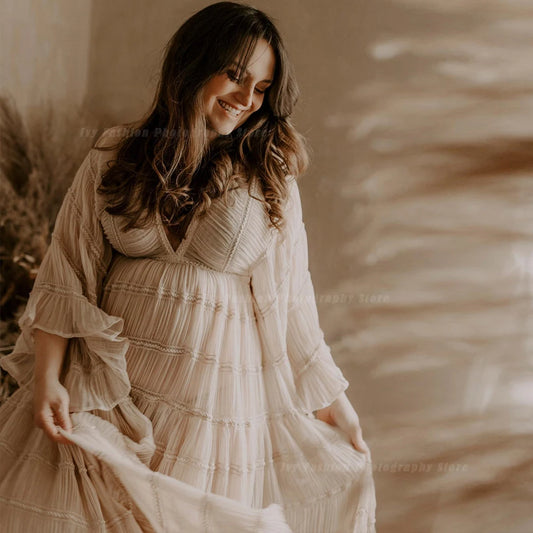 Elegant Bohemian Maternity Dress V-neck Long Sleeve Chiffon Photography Dress