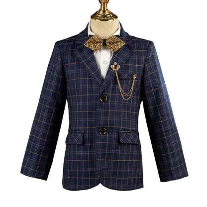 Children's High-End Plaid Suit Set - British Style Boys Formal Blazer, Vest, and Pants Outfit for Weddings, Catwalks, and Birthday Hosts