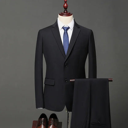 High-Quality Men's British Style Slim Suit - Business Casual Two-Piece Set (Blazer + Trousers) black