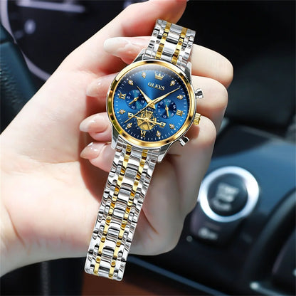 OLEVS Women's Elegant Fashion Quartz Watch | Multifunction Chronograph, Waterproof, Luminous Wristwatch Gold Blue CHINA