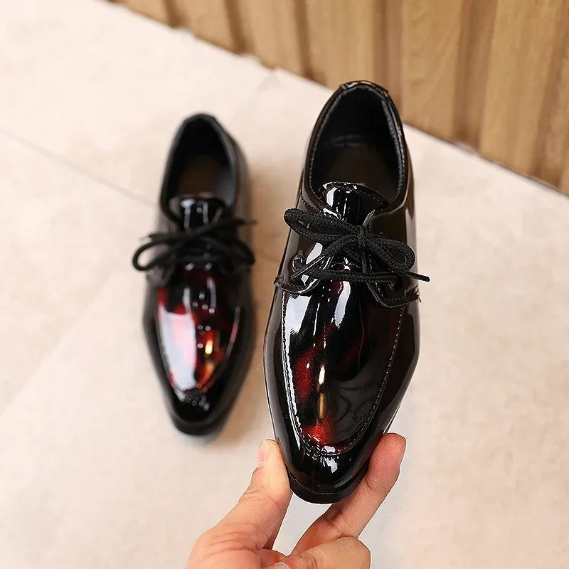 Kids Pointed Toe Leather Shoes for Boys - Britain Style Low-Heeled Lace-Up Fashion Shoes for Party, Wedding, and Performance Red