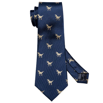 Men's Navy Gold Dinosaur Pattern Necktie Set | 8.5cm Silk Tie for Wedding & Business | Barry.Wang FA-5191