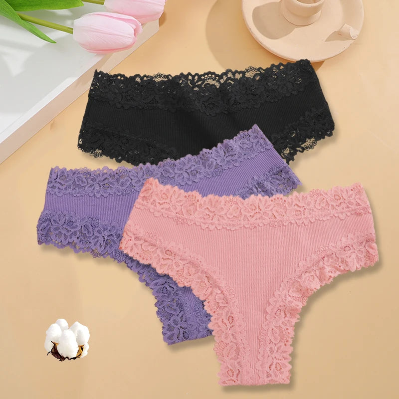 3PCS/Set Women Cotton Seamless Panties Sexy Lace Brazilian Panties Low Rise Soft Breathable Lingerie for Female G-String Briefs Set 7 3pcs