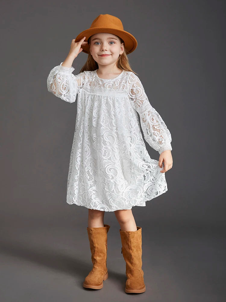 Girls Bohemian Lace Long Sleeve Dress | Elegant Pink & White Princess Party Dress for Kids (Ages 3-12) White