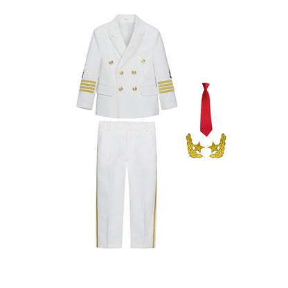 Children's Captain Air Junior Uniform Suit - Boys' Catwalk Fashion Performance Costume with Jacket, Pants & Tie white