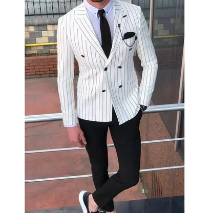 Slim Fit Striped Men's Suit 2-Piece Blazer & Pants for Wedding Groom White 1