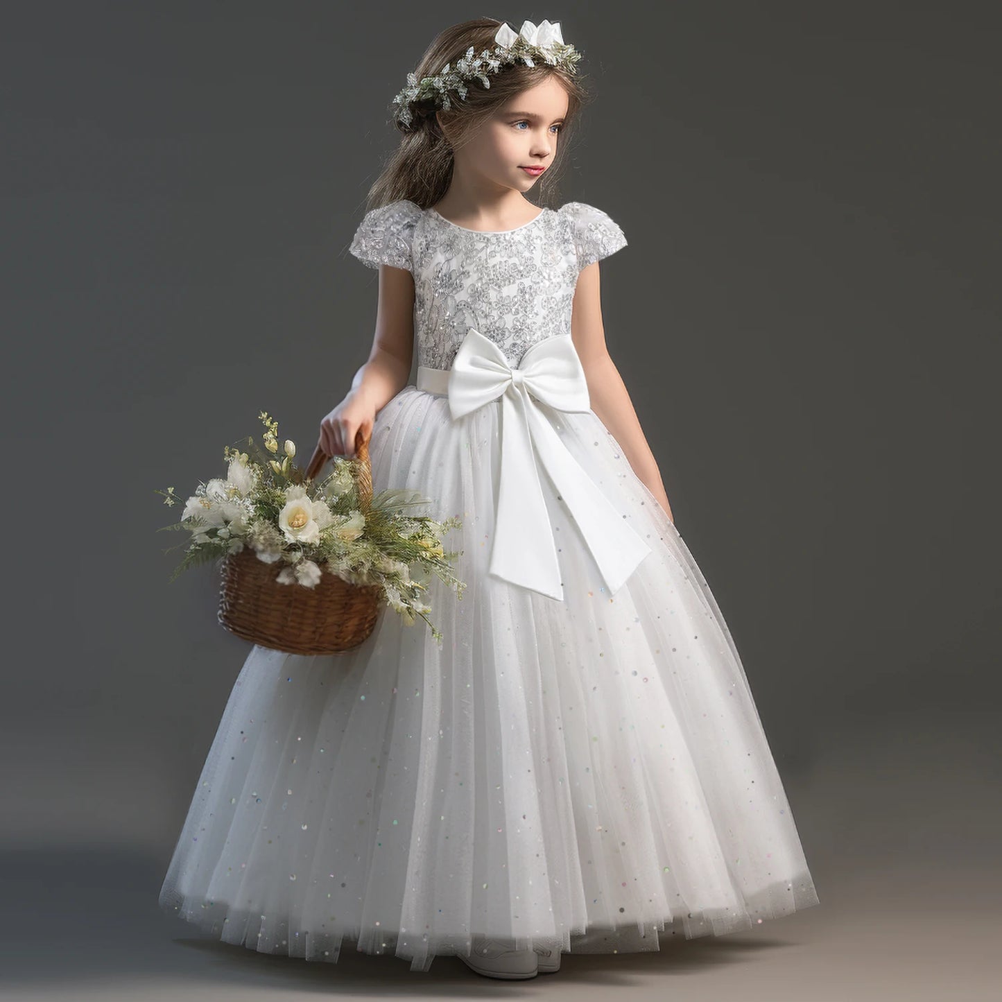 Elegant White Flower Girl Bridesmaid Dress for Girls | Mid-Calf Kids Party & Communion Ball Gown White