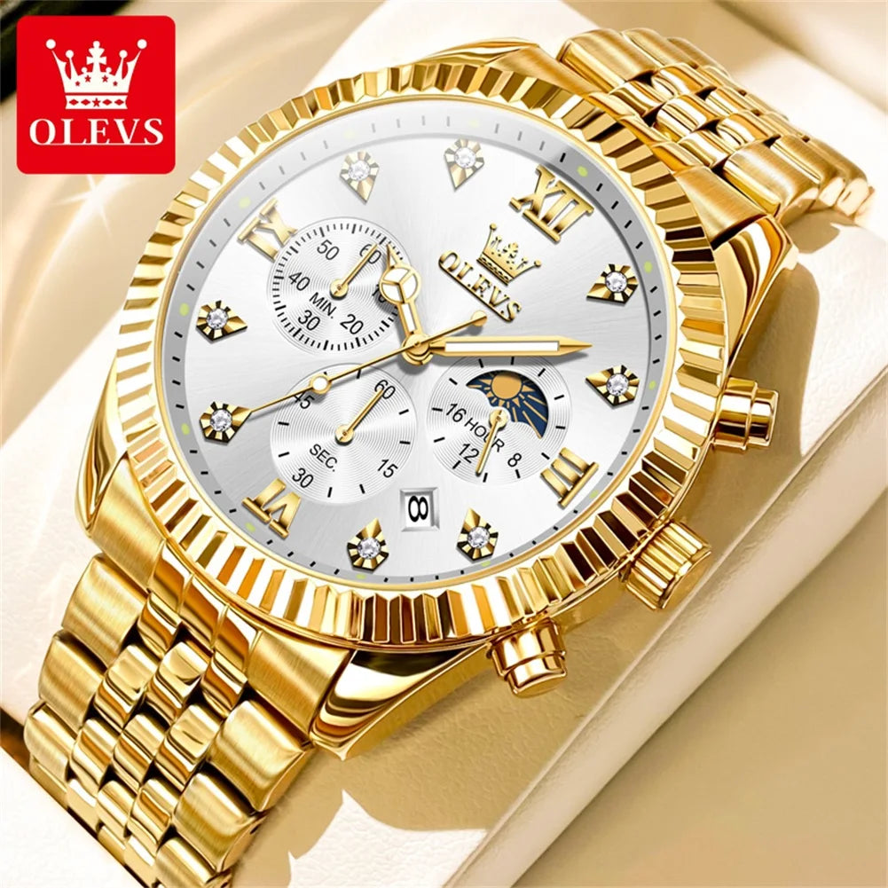 OLEVS 2932 Men's Luxury Lunar Phase Waterproof Chronograph Quartz Watch Gold White United States