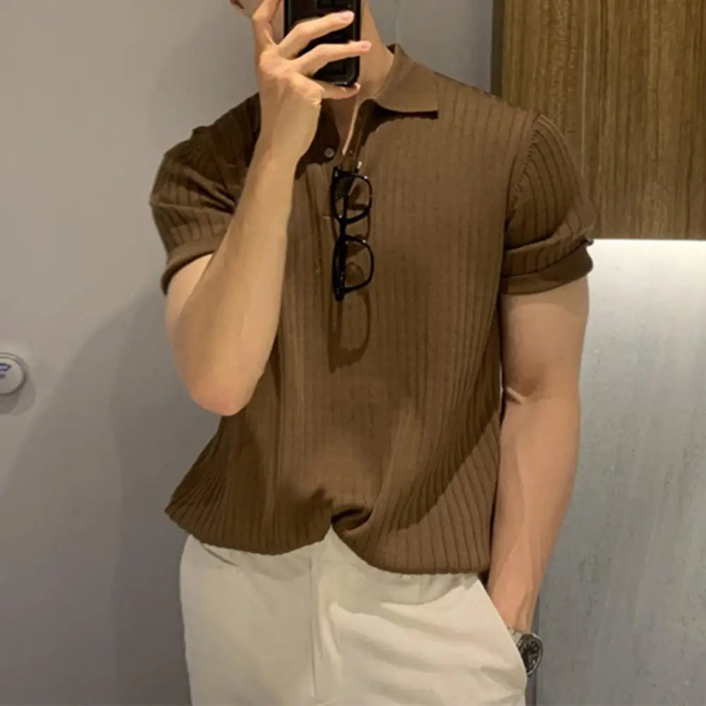 Lapel Short Sleeve Buttons Half Placket Loose Men Summer T-shirt Knitting Ribbed Shirt Top Streetwear