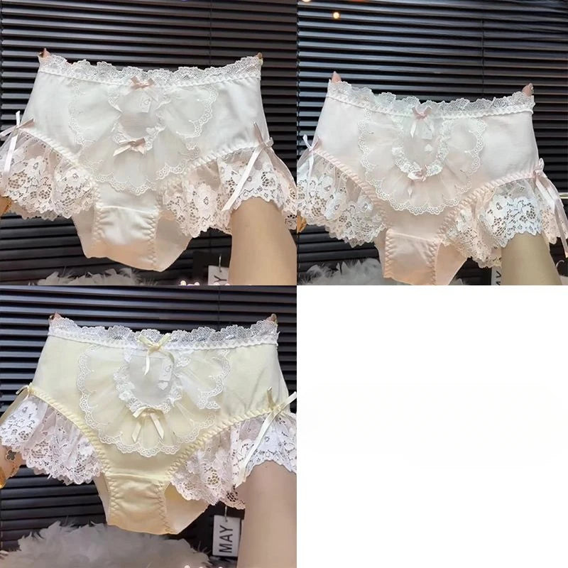 Oversized 95kg French Princess Lolita Triangle Panties Lace Bow Hollow Fairy Briefs High Waist Sweet Sexy Girls Underwear New Yellow pink White 3pcs