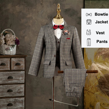 Children's Classic Plaid Formal Suit Set - Boys' Gentleman Catwalk Birthday Host & Piano Performance Outfit jacket vest pants