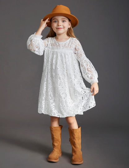 Girls Bohemian Lace Long Sleeve Dress | Elegant Pink & White Princess Party Dress for Kids (Ages 3-12)